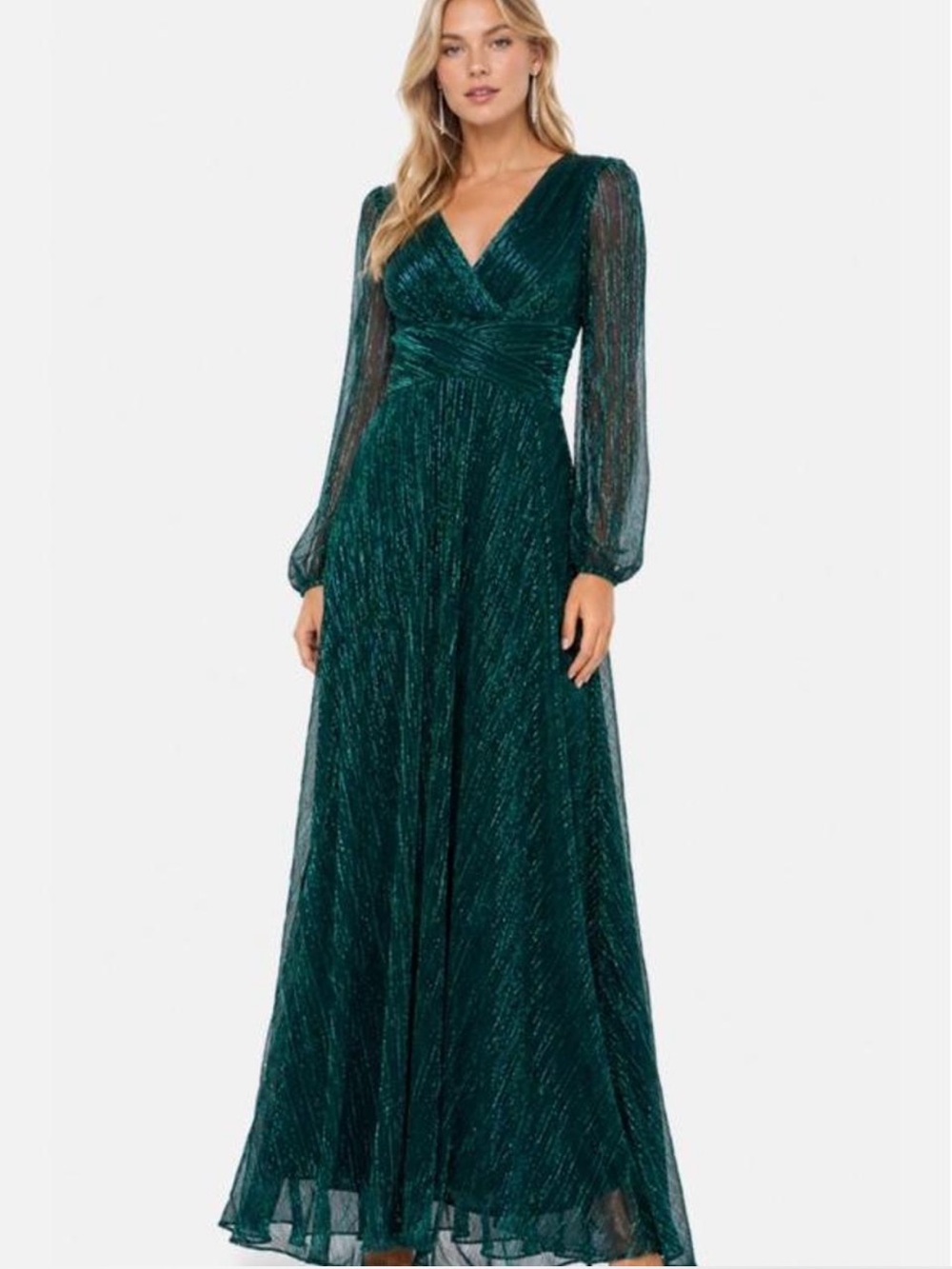 Betsy & Adam Emerald Jade Green Glitter V-Neck Long Sleeve Gown Dress Shimmer 12